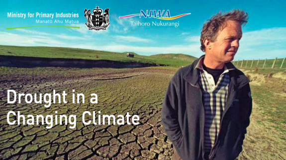 Image of man in a paddock which says "Drought in a climate change" and shows the ministry of primary industries logo.